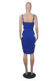 Color Blue Sexy Solid Hollowed Out Spaghetti Strap Pencil Skirt Dresses