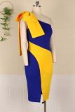 Blauw geel sexy casual patchwork patchwork rugloze mouwloze jurk met split en één schouder