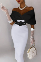Schwarz-weißes, elegantes, solides Patchwork-Kleid mit Gürtel, V-Ausschnitt und einstufigem Rock