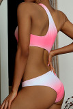 Pink Sexy Print Hollowed Out Patchwork Asymmetrical Swimwears