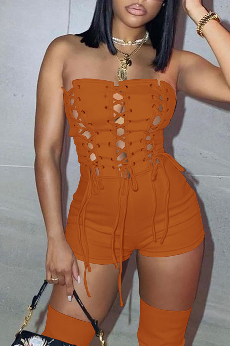 

Coffee Sexy Solid Bandage Hollowed Out Split Joint Strapless Regular Jumpsuits