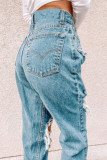 Blue Fashion Casual Solid Ripped High Waist Regular Denim Jeans