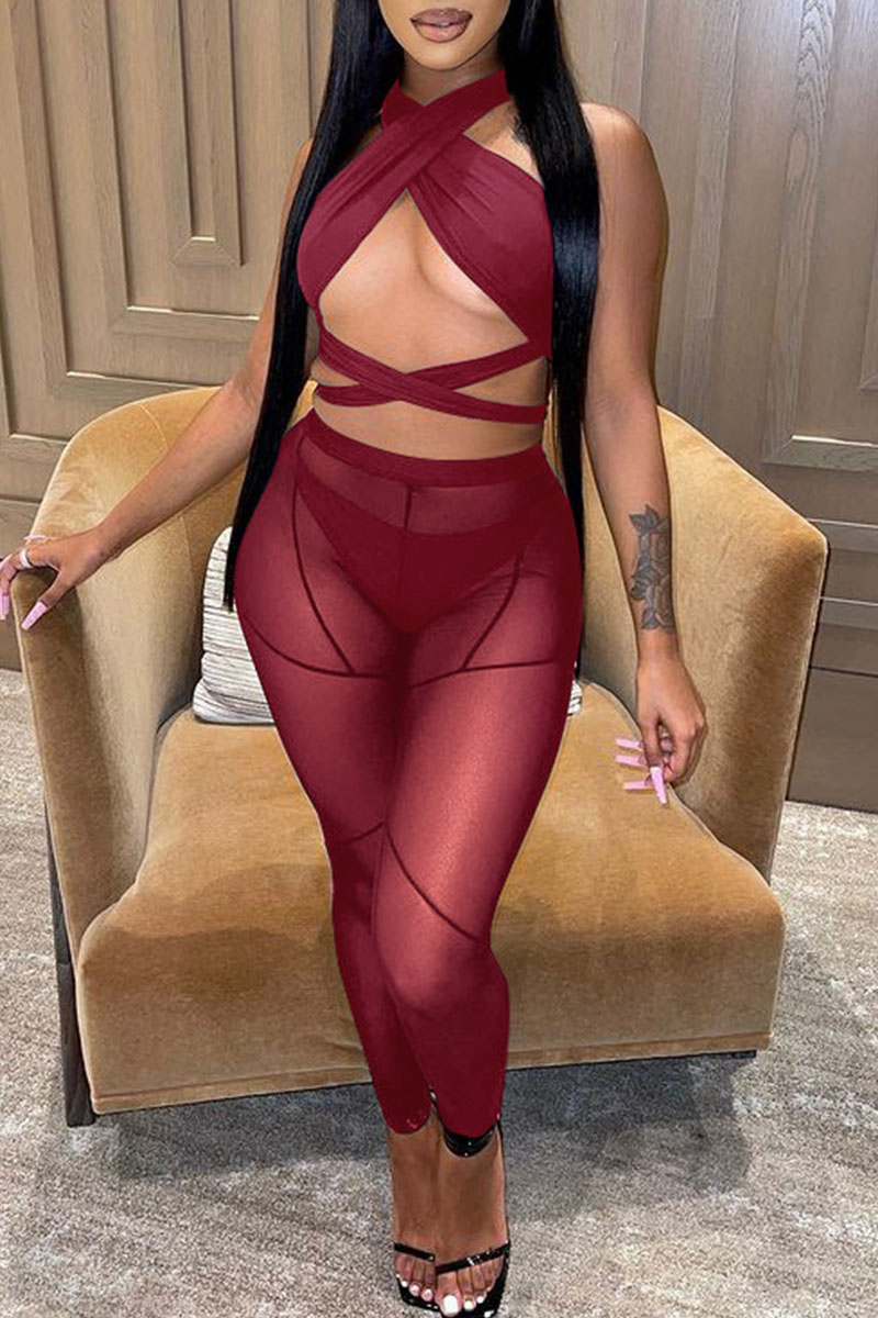 

Burgundy Sexy Solid Bandage Split Joint See-through Asymmetrical Sleeveless Three Pieces