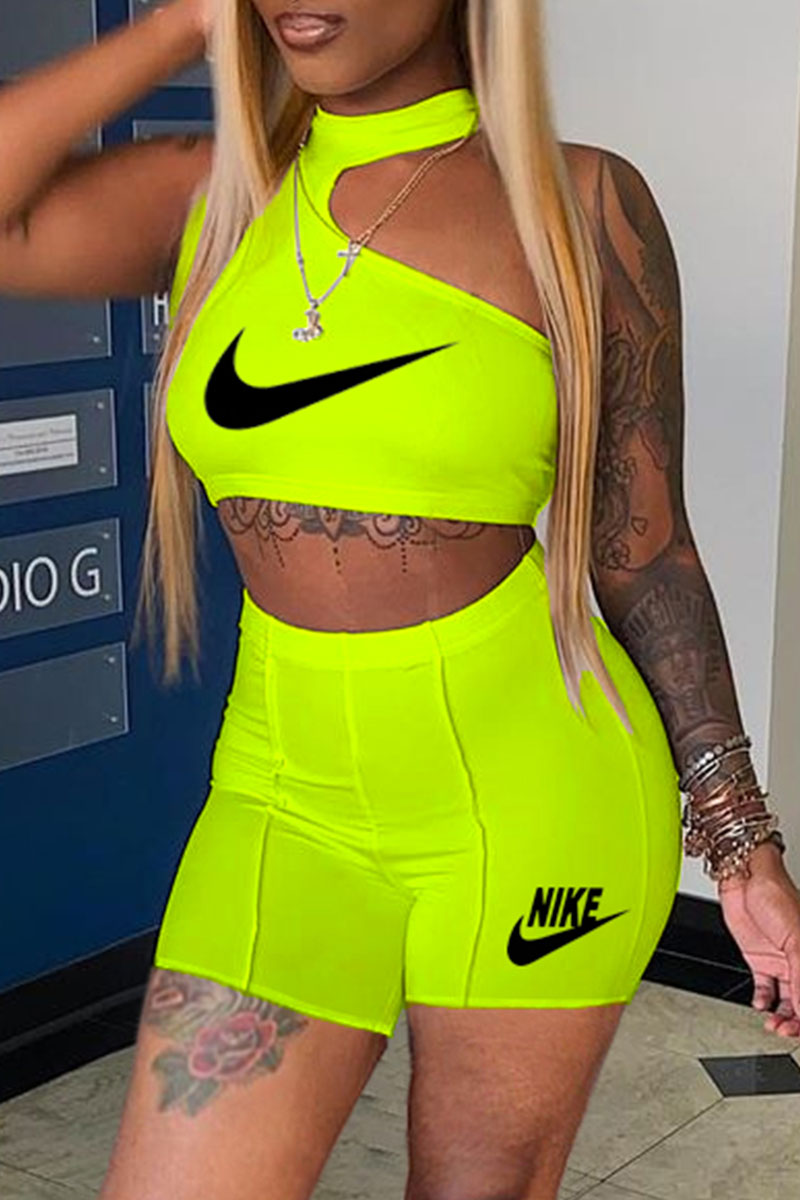 

Fluorescent Green Fashion Casual Print Letter O Neck Sleeveless Two Pieces