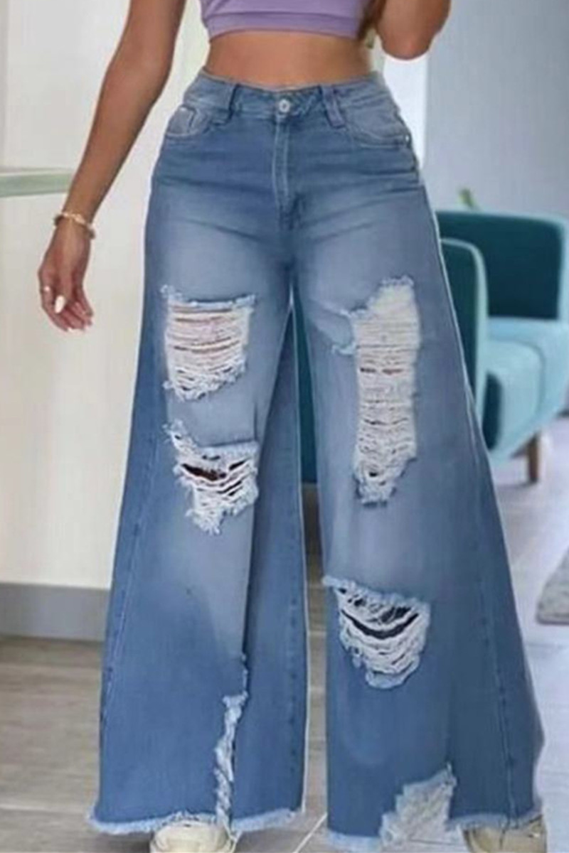 

Baby Blue Fashion Casual Solid Ripped High Waist Regular Denim Jeans