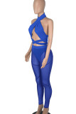 Colorful Blue Sexy Solid Bandage Patchwork See-through Asymmetrical Sleeveless Three Pieces