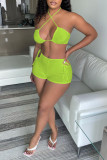 Fluorescent Green Sexy Solid Patchwork Frenulum Sleeveless Two Pieces