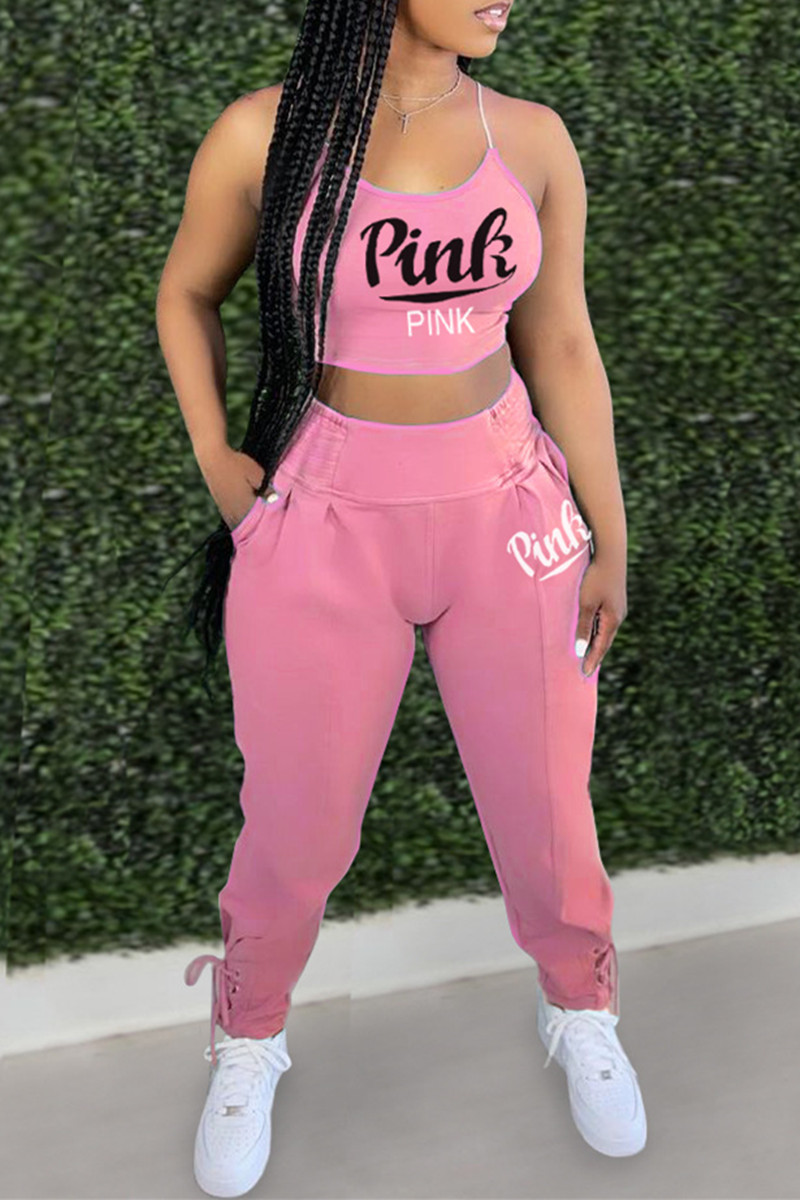 

Pink Sexy Casual Letter Print Vests Pants O Neck Sleeveless Two Pieces