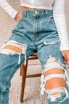 Blue Fashion Casual Solid High Waist Regular Distressed Ripped Denim Jeans