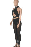 Black Sexy Solid Bandage Patchwork See-through Asymmetrical Sleeveless Three Pieces