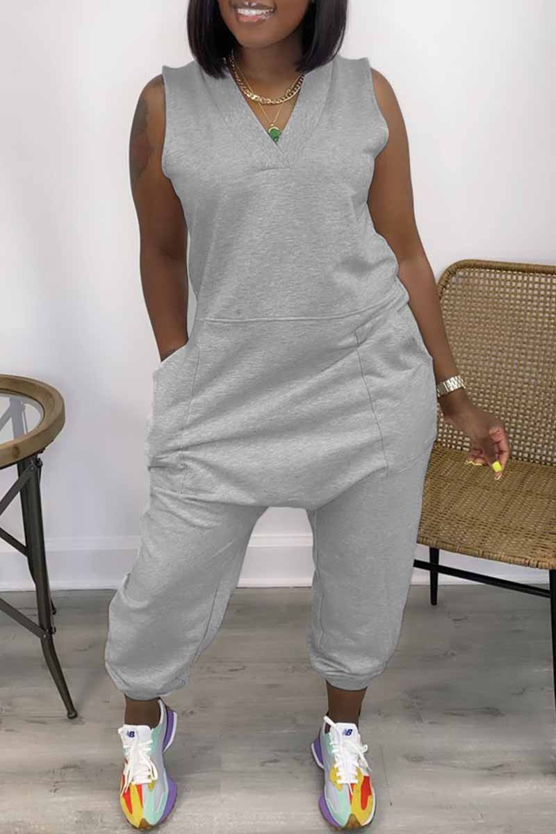 

Grey Fashion Casual Solid Basic V Neck Regular Jumpsuits