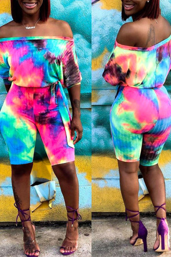 Black Casual Print Tie Dye Bandage Patchwork Off the Shoulder Straight Rompers
