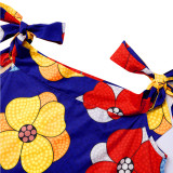 Robe maxi bohème sexy à bretelles florales sur l'épaule bleue