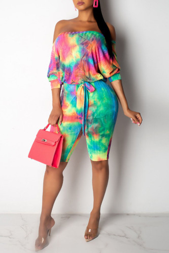 Tangerine Red Casual Print Tie Dye Bandage Patchwork Off the Shoulder Straight Rompers