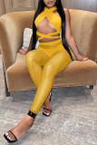 Yellow Sexy Solid Bandage Patchwork See-through Asymmetrical Sleeveless Three Pieces