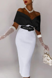 Schwarz-weißes, elegantes, solides Patchwork-Kleid mit Gürtel, V-Ausschnitt und einstufigem Rock