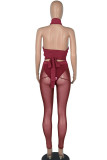 Burgundy Sexy Solid Bandage Patchwork See-through Asymmetrical Sleeveless Three Pieces