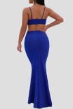 Blå Mode Sexig Solid urholkad Backless Spaghetti Strap Aftonklänning Klänningar