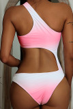 Pink Sexy Print Hollowed Out Patchwork Asymmetrical Swimwears