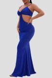 Blå Mode Sexig Solid urholkad Backless Spaghetti Strap Aftonklänning Klänningar