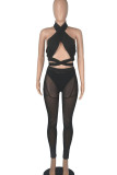Black Sexy Solid Bandage Patchwork See-through Asymmetrical Sleeveless Three Pieces