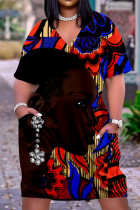 Черно-красное модное повседневное платье с принтом и коротким рукавом с v-образным вырезом