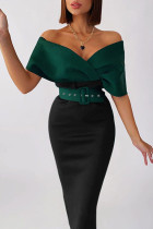 Vestidos de falda de un solo paso con cuello en V y cinturón de color liso elegante de trabajo verde