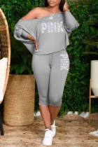 Grey Fashion Casual Letter Print Basic Oblique Collar Long Sleeve Two Pieces