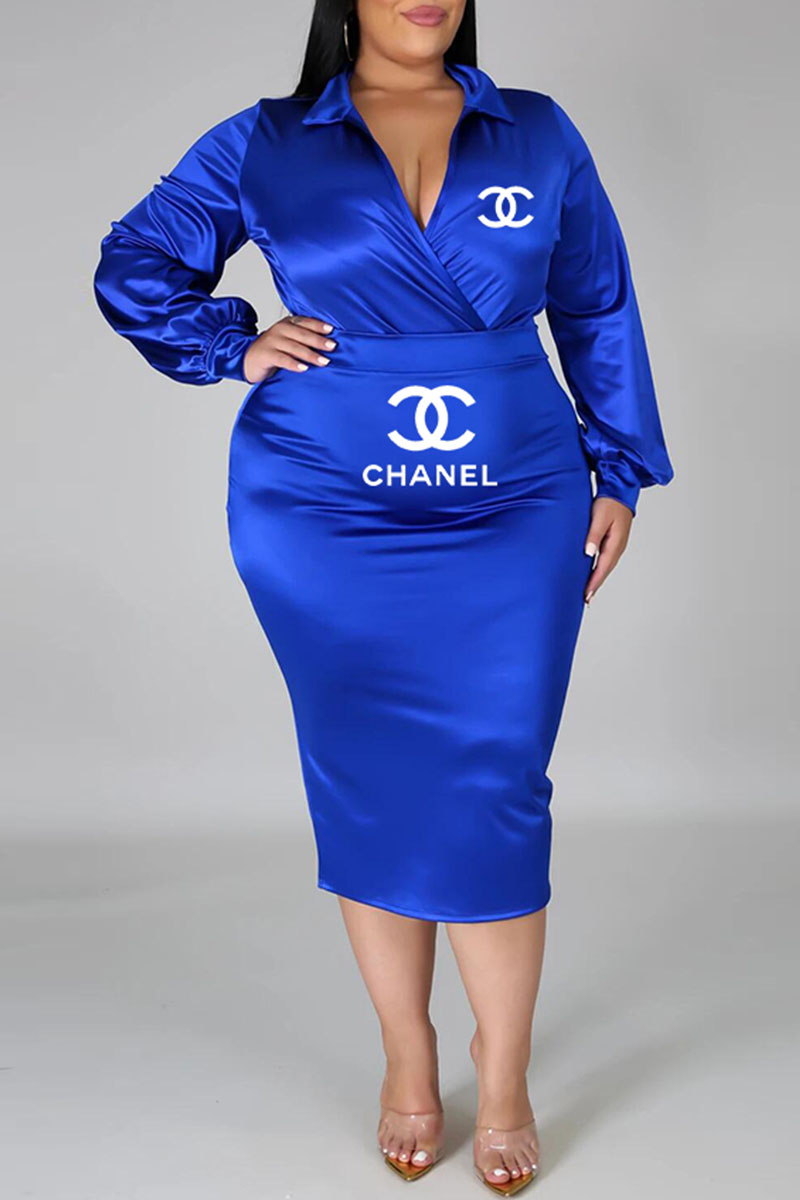 

Blue Fashion Elegant Print Letter Turndown Collar One Step Skirt Plus Size Two Pieces
