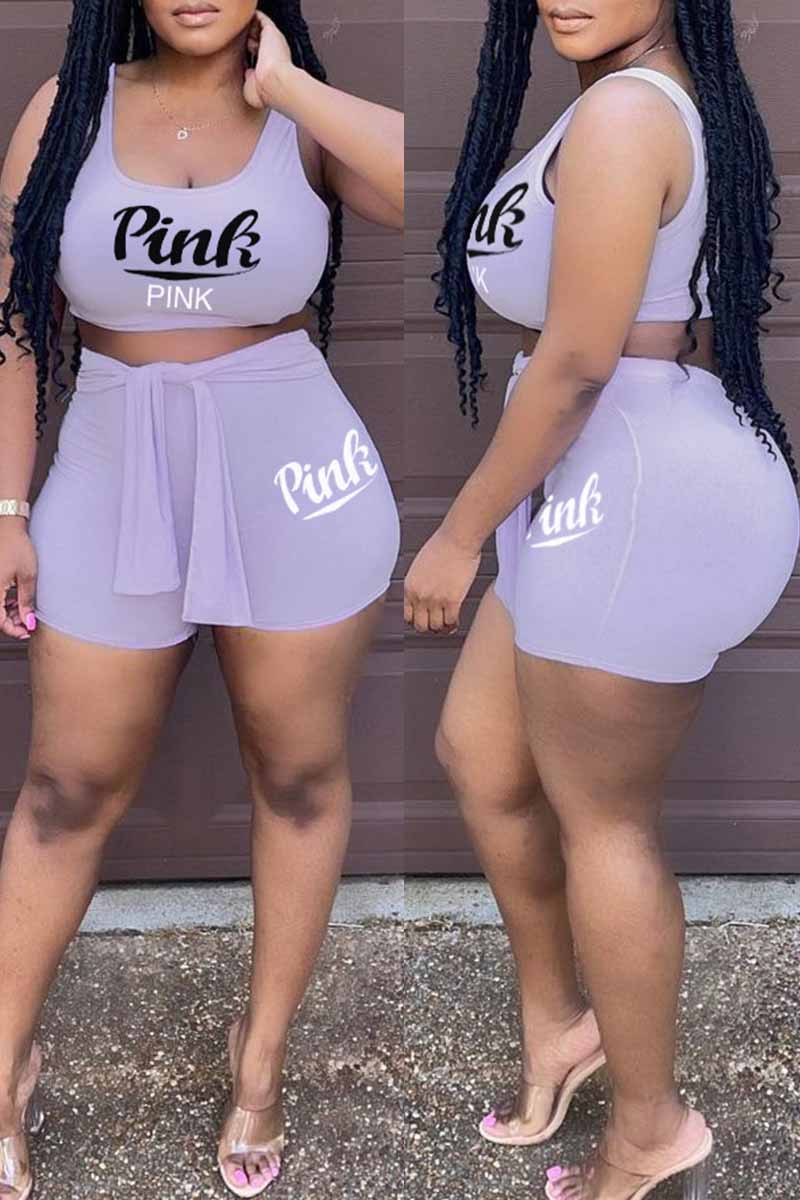 

Light Purple Fashion Casual Letter Print Bandage U Neck Sleeveless Two Pieces