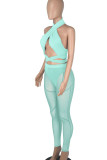 Lake Green Sexy Solid Bandage Patchwork See-through Asymmetrical Sleeveless Three Pieces