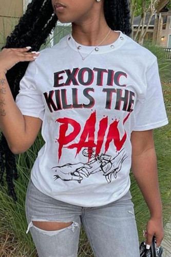 Red Casual Print Split Joint O Neck T-Shirts