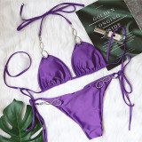 Purple Fashion Sexy Patchwork Solid Bandage Backless Swimwears