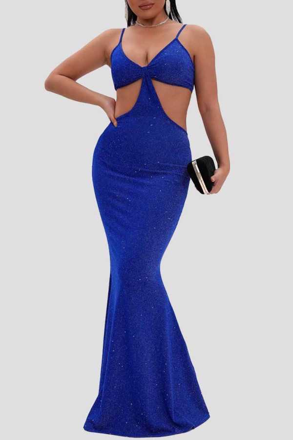 Синее модное сексуальное однотонное вечернее платье с открытой спиной на тонких бретелях