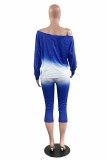 Blue Fashion Casual Letter Print Basic Oblique Collar Long Sleeve Two Pieces