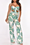 Green Fashion Sexy Casual Floral Pants Cut Out V Neck Regular Jumpsuits