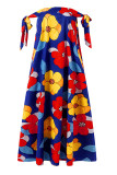 Vestidos largos con diseño de correa floral bohemia sexy azul fuera del hombro