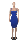 Color Blue Sexy Solid Hollowed Out Spaghetti Strap Pencil Skirt Dresses