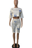 White Casual Print Patchwork O Neck Half Sleeve Two Pieces