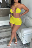 Yellow Sexy Solid Patchwork Frenulum Sleeveless Two Pieces