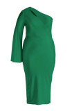 Grüne Mode Sexy Solide Ausgehöhlte Backless Schrägkragen Langarm Plus Size Kleider