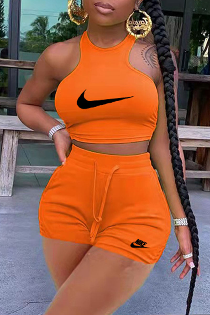 

Orange Fashion Casual Print Split Joint O Neck Sleeveless Two Pieces
