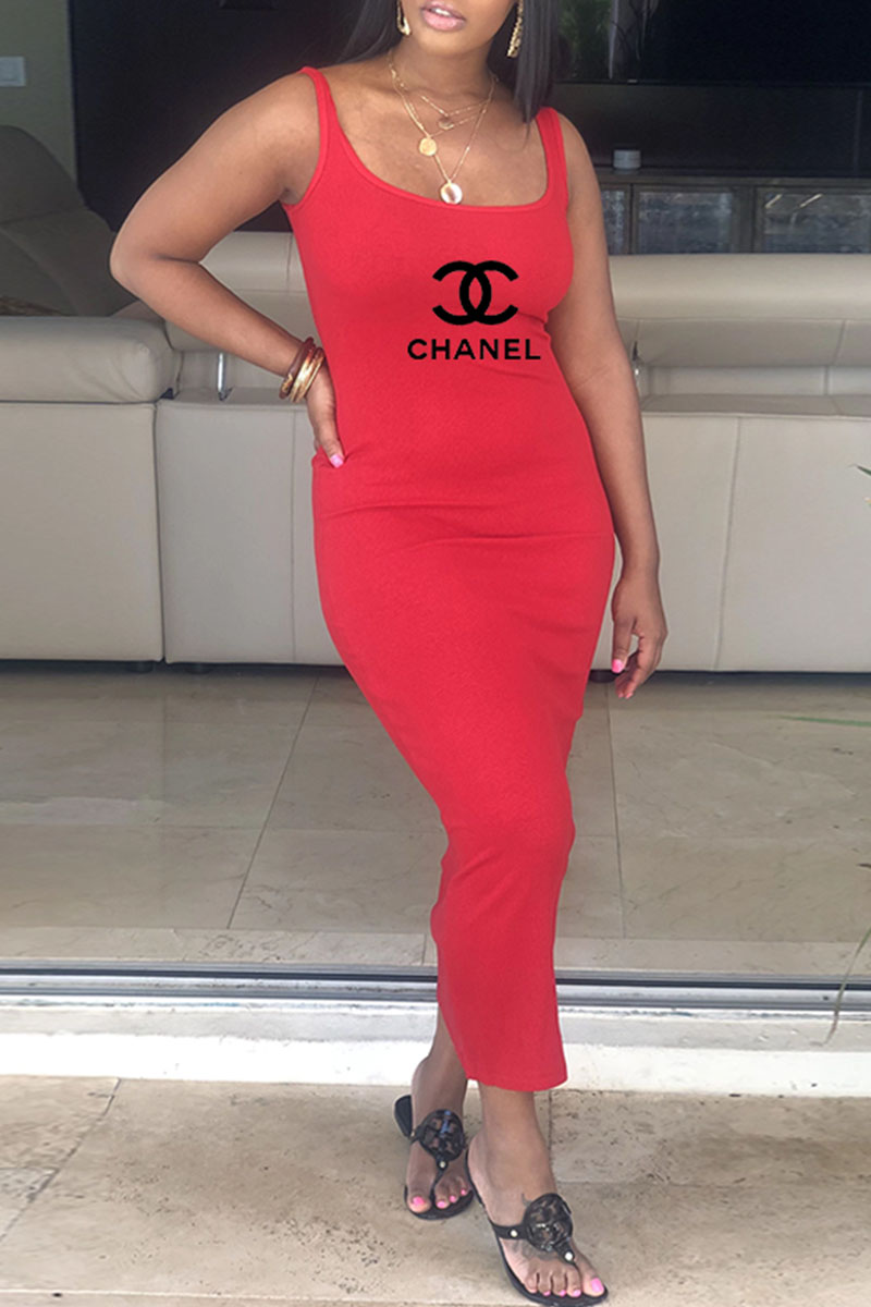 

Red Fashion Casual Print Letter Spaghetti Strap One Step Skirt Dresses