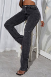 Black Gray Casual Solid Patchwork Slit High Waist Straight Denim Jeans