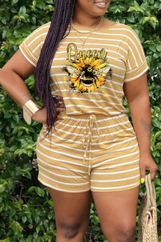 Yellow Casual Print Patchwork O Neck Straight Rompers