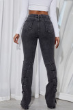 Schwarzgraue, lässige, einfarbige, gerade Patchwork-Jeans mit Schlitz und hoher Taille