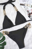 Black Sexy Solid Patchwork Hot Drill Swimwears
