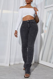 Jeans in denim dritto a vita alta con spacco patchwork solido casual grigio nero