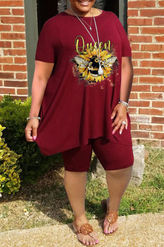 Burgundy Casual Print Patchwork O Neck Plus Size Two Pieces