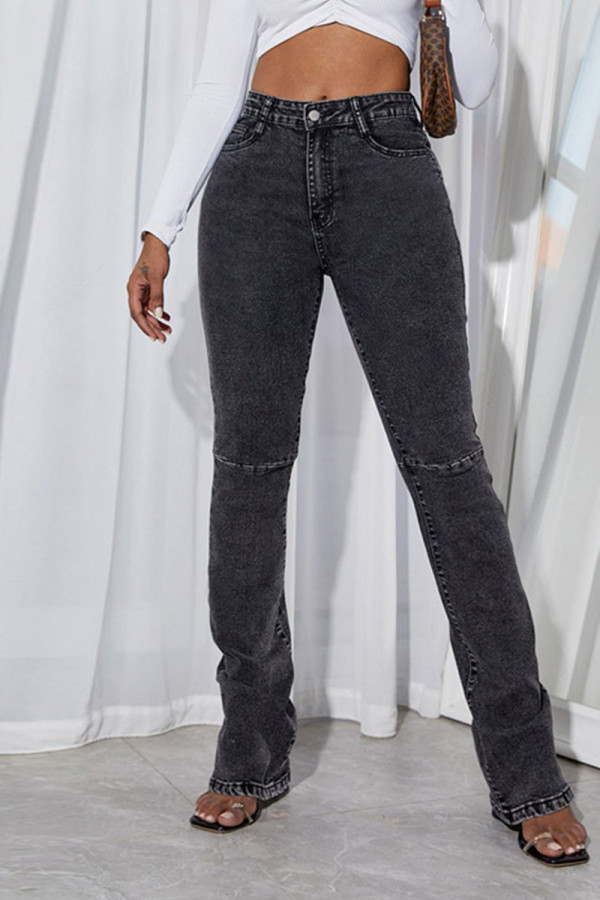 Zwartgrijze, casual effen patchwork rechte denim jeans met split en hoge taille